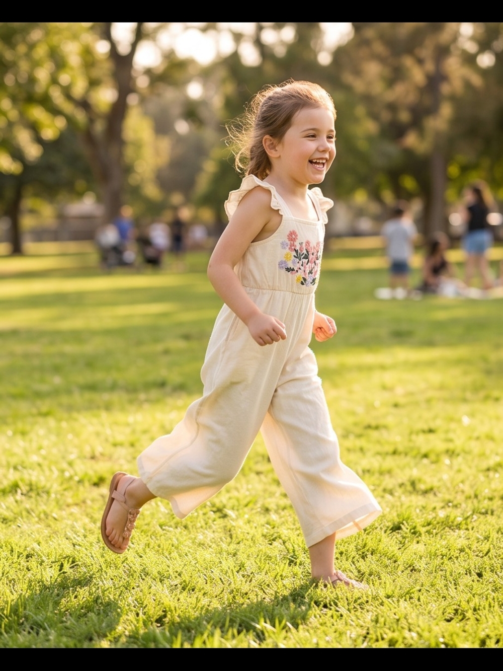 Cream Floral Embroidered Girls' Jumpsuit